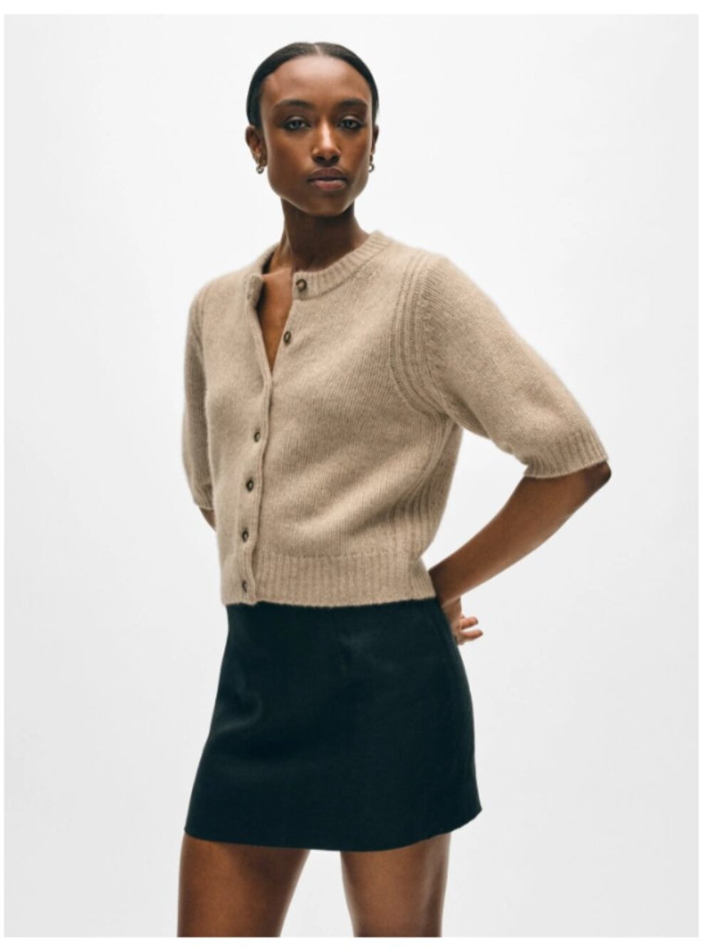 NEW White + Warren Cashmere Elbow Sleeve Cardigan Brown - Picture 2 of 7